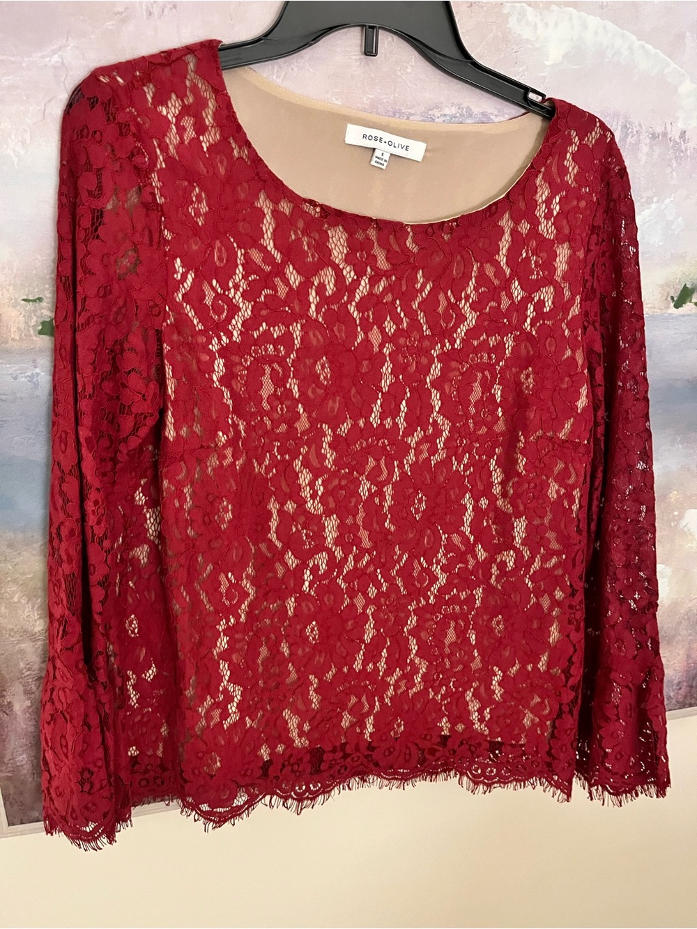 Rose & Olive Wine Lace Long-Sleeve Scoop Neck Top